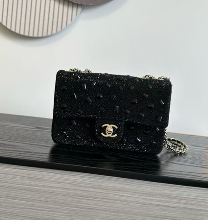 Chanel 2026 Bag 21cm Black And Silver Strass Leather