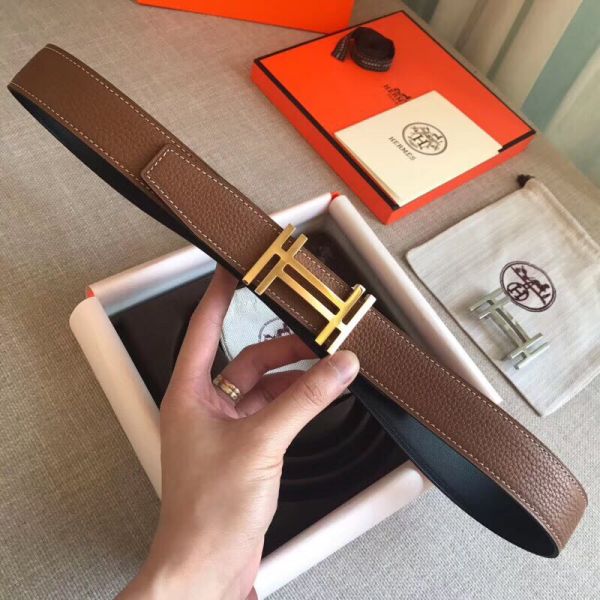 HERM H Au Carre Belt Buckle & Brown 32mm Strap