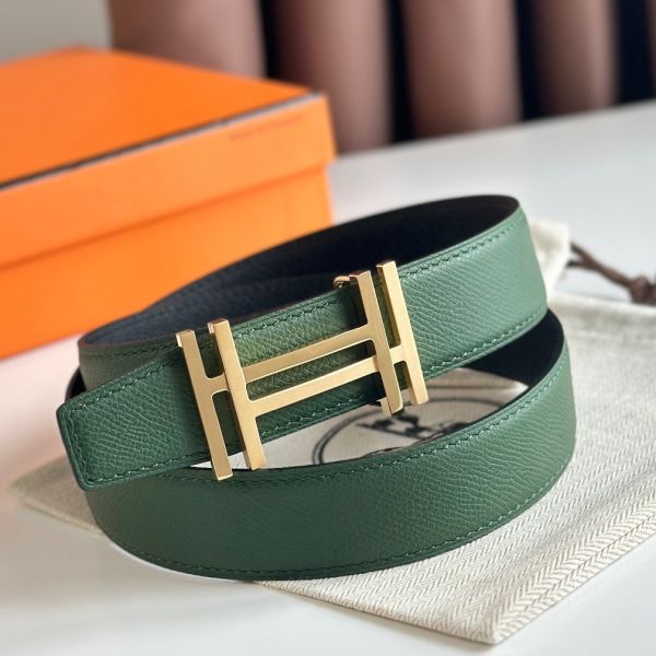 HERM H au Carre Reversible Belt 32MM in Green and Black Epsom Leather