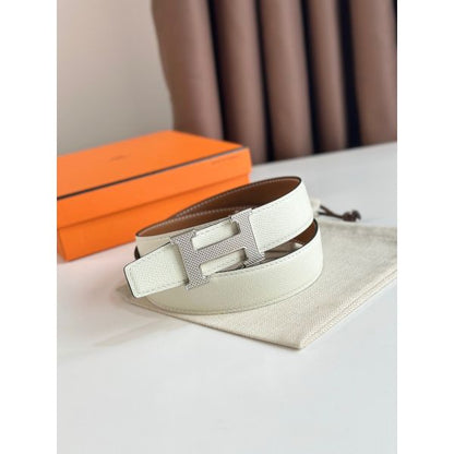 HERM H Guillochee Reversible Belt 32MM in Gold and White Epsom Calfskin