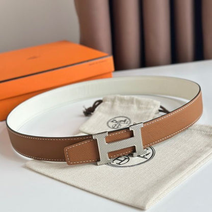 HERM H Guillochee Reversible Belt 32MM in Gold and White Epsom Calfskin