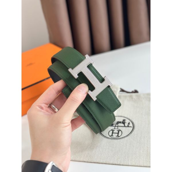 HERM H Guillochee Reversible Belt 32MM in Green and Black Epsom Calfskin