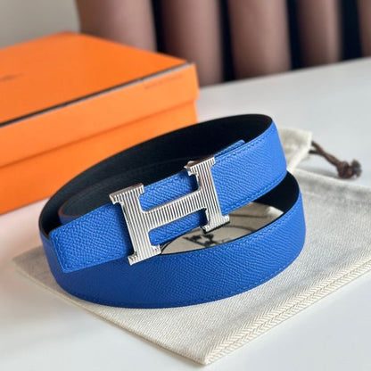 HERM H Striee Reversible Belt 32MM in Blue and Black Epsom Calfskin
