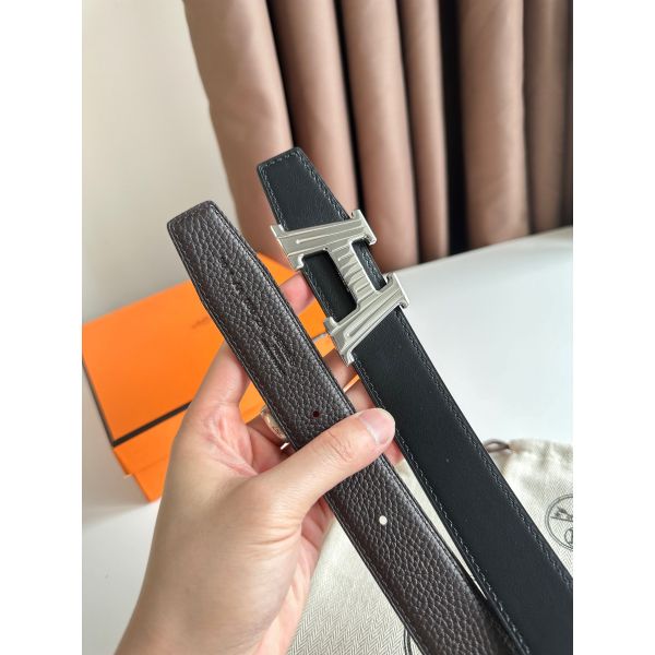 HERM H Take Off Reversible Belt 32MM in Chocolate Clemence Leather