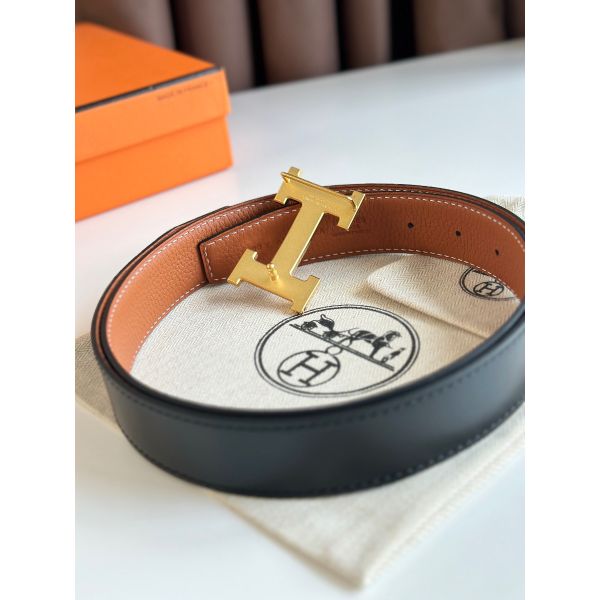 HERM H Reversible Belt 32MM in Grey Clemence Leather