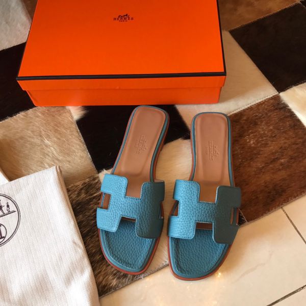 HERM Oran Slide Sandals In Blue Jean Clemence Leather