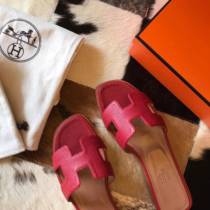 HERM Oran Slide Sandals In Red Clemence Leather