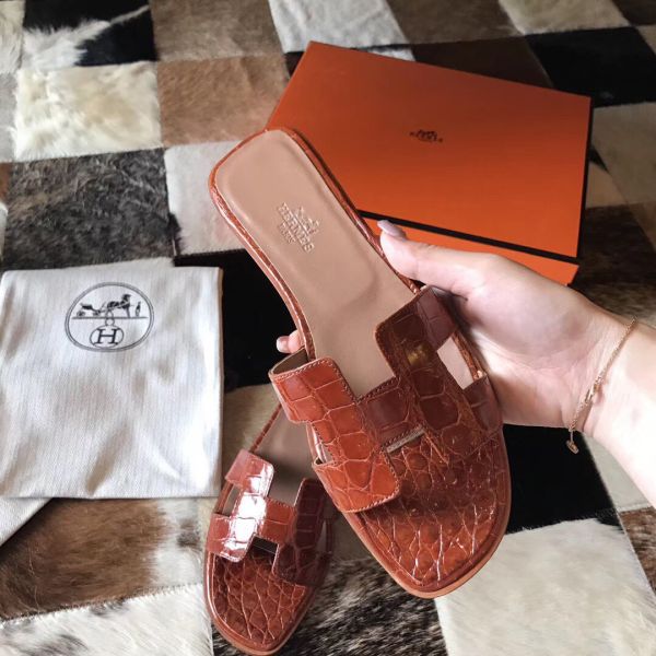 HERM Oran Sandals In Orange Shiny Niloticus Crocodile