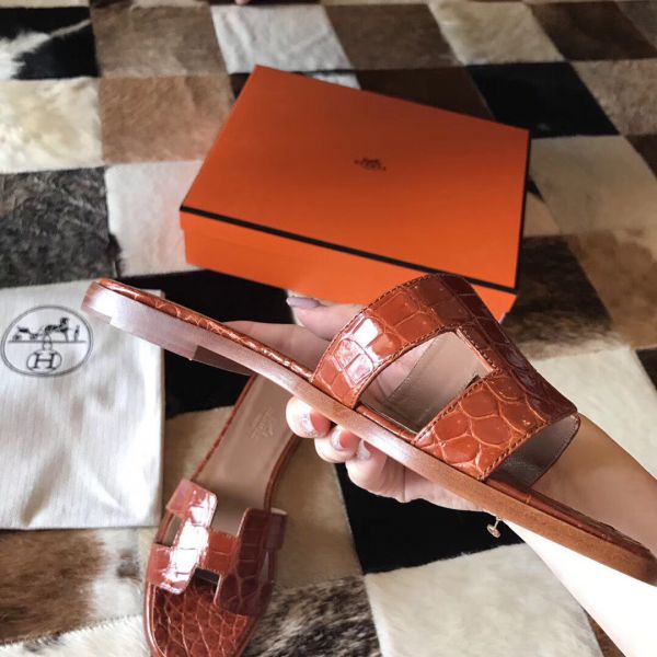 HERM Oran Sandals In Orange Shiny Niloticus Crocodile