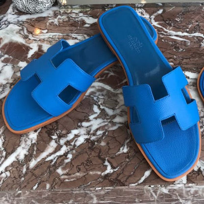 HERM Oran Slide Sandals In Blue Hydra Epsom Calfskin