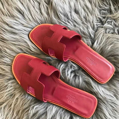 HERM Oran Slide Sandals In Ruby Epsom Calfskin