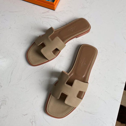 HERM Oran Slide Sandals In Trench Epsom Calfskin