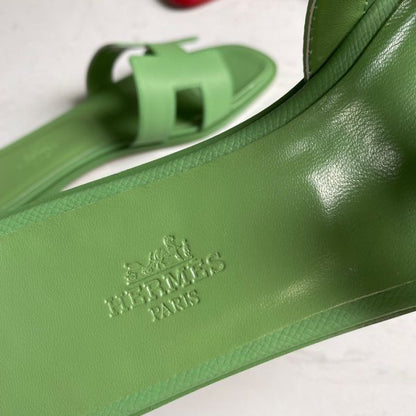 HERM Oran Slide Sandals In Vert Criquet Epsom Calfskin