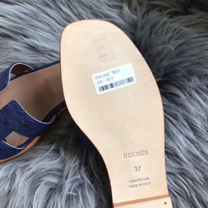 HERM Oran Sandals In Blue Ostrich Leather