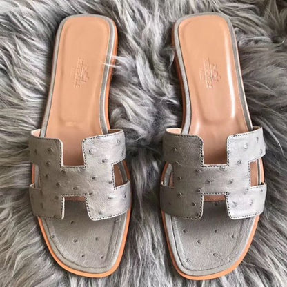 HERM Oran Sandals In Grey Ostrich Leather