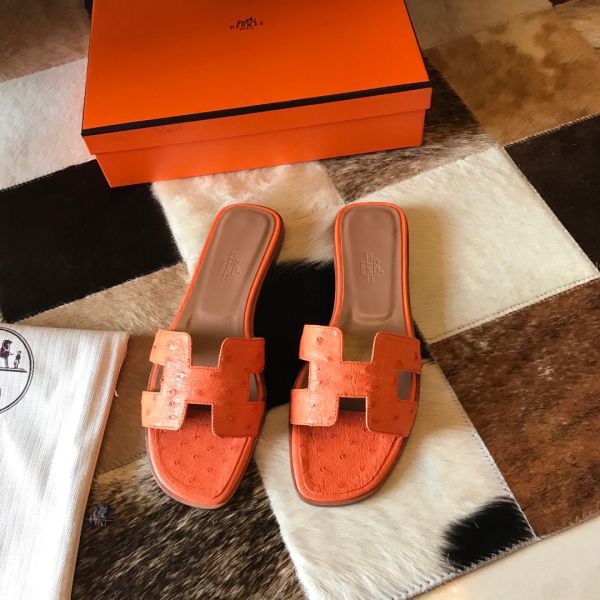 HERM Oran Slide Sandals In Orange Ostrich Leather