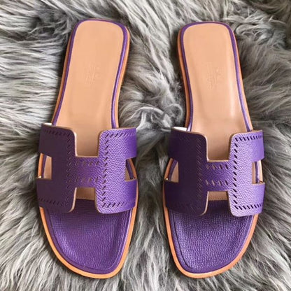 HERM Oran Perforated Sandals In Purple Epsom Leather