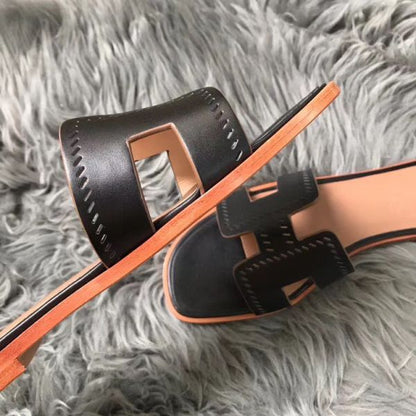HERM Oran Perforated Sandals In Black Swift Leather