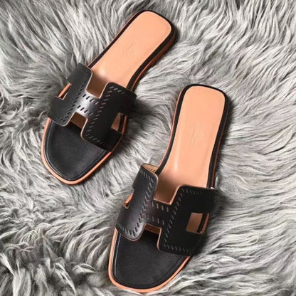 HERM Oran Perforated Sandals In Black Swift Leather
