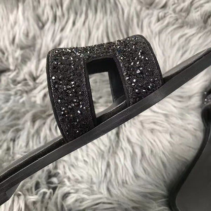 HERM Oran Sandals In Black Suede With Black Crystal