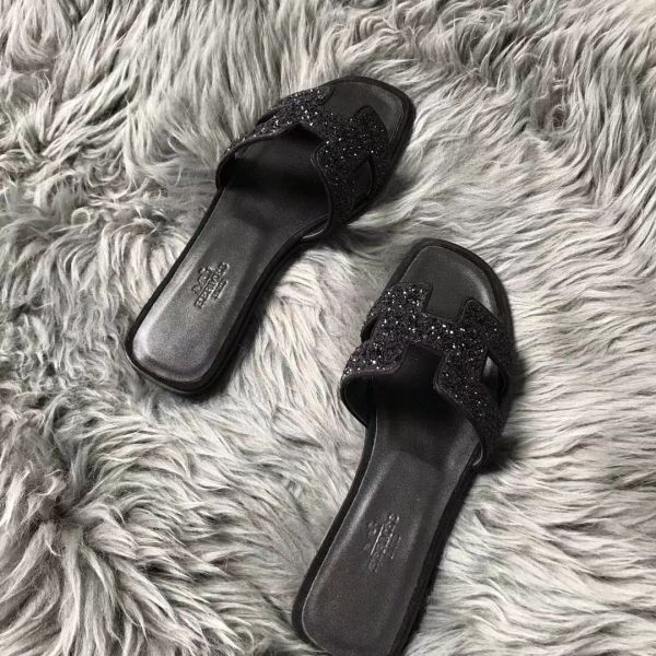 HERM Oran Sandals In Black Suede With Black Crystal