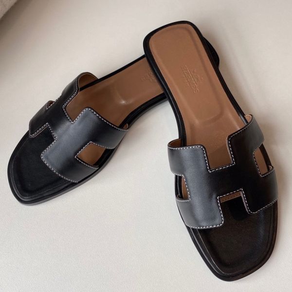 HERM Oran Slide Sandals In Black Swift Calfskin