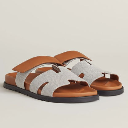 HERM Men's Chypre Sandals In Canvas with Brown Leather