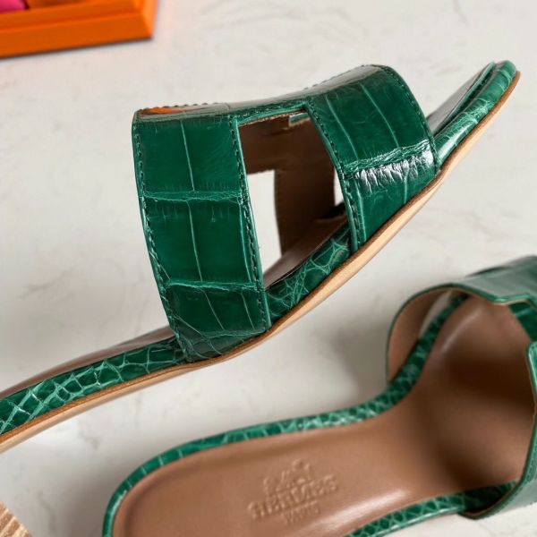HERM Oasis Sandals In Green Shiny Niloticus Crocodile