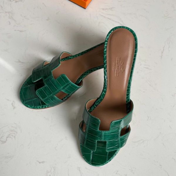 HERM Oasis Sandals In Green Shiny Niloticus Crocodile