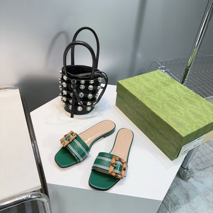GG BAMBOO BUCKLE FLAT SANDALS GREEN