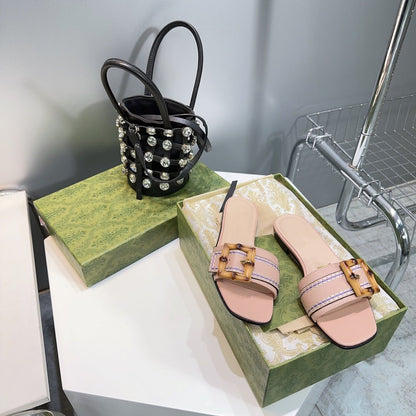 GG BAMBOO BUCKLE FLAT SANDALS BEIGE