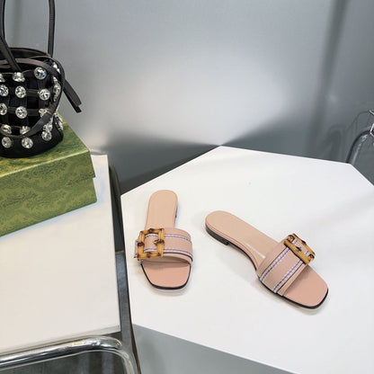GG BAMBOO BUCKLE FLAT SANDALS BEIGE