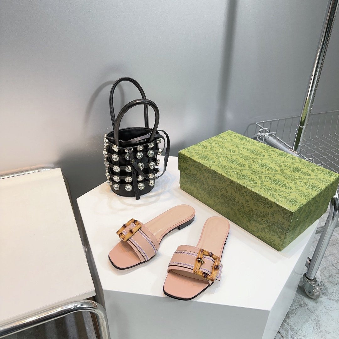 GG BAMBOO BUCKLE FLAT SANDALS BEIGE