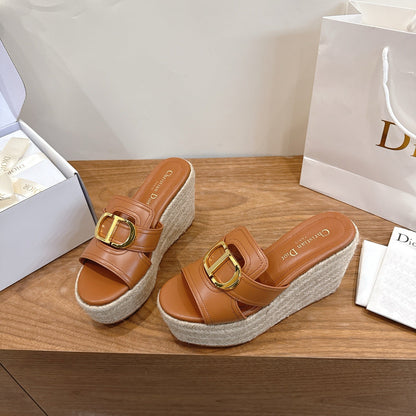 Dior 2026 CD Logo Wedge Sandals 95mm Straw Leather 911783