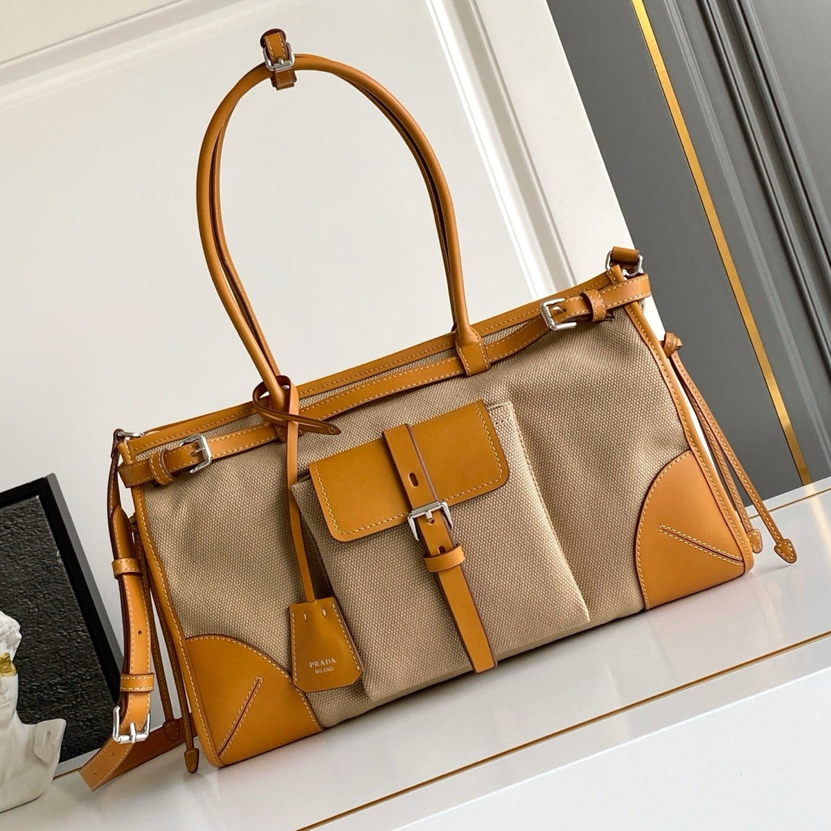 Prada 2026 Bonnie Tote Bag Brown Canvas Leather