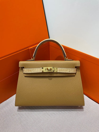 High-end Hermes 2026 Mini Kelly Bag 19cm Crocodile/Epsom Leather