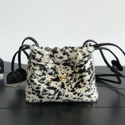 Chanel 2026 Pony Hair Printed Chic Lady Shoulder Bag Black White Wool
