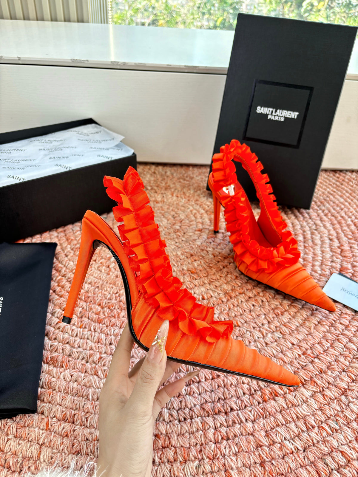 YSL 26ss Slingback Orange Silk Leather 648837