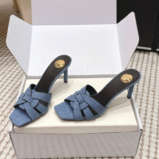 YSL 26ss High-Heeled Slippers 75 Blue Black Denim Calfskin 654747