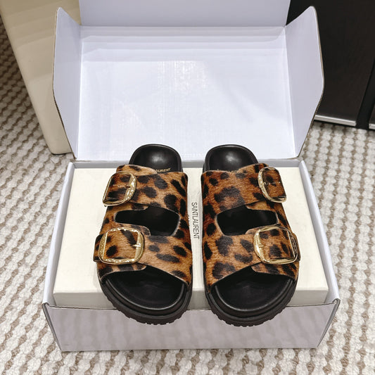 YSL 26ss Platform Slippers Black Leopard Print Leather Gold Buckle  663211