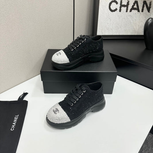 CC 26s Casual Sneakers Rhinestones Black Mesh Sheepskin 626362