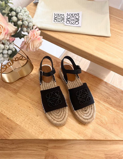 Loew Anagram Black Beige Leather And Canvas Espadrille Sandals