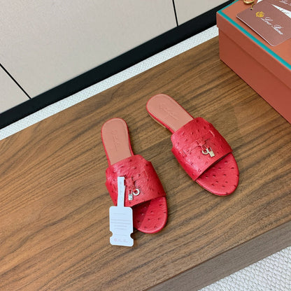 FLAT SLIPPERS IN RED LAMBSKIN OSTRICH SKIN