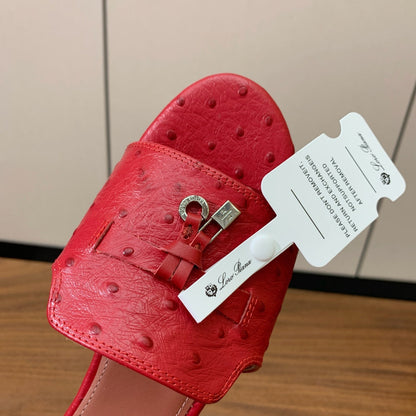 FLAT SLIPPERS IN RED LAMBSKIN OSTRICH SKIN