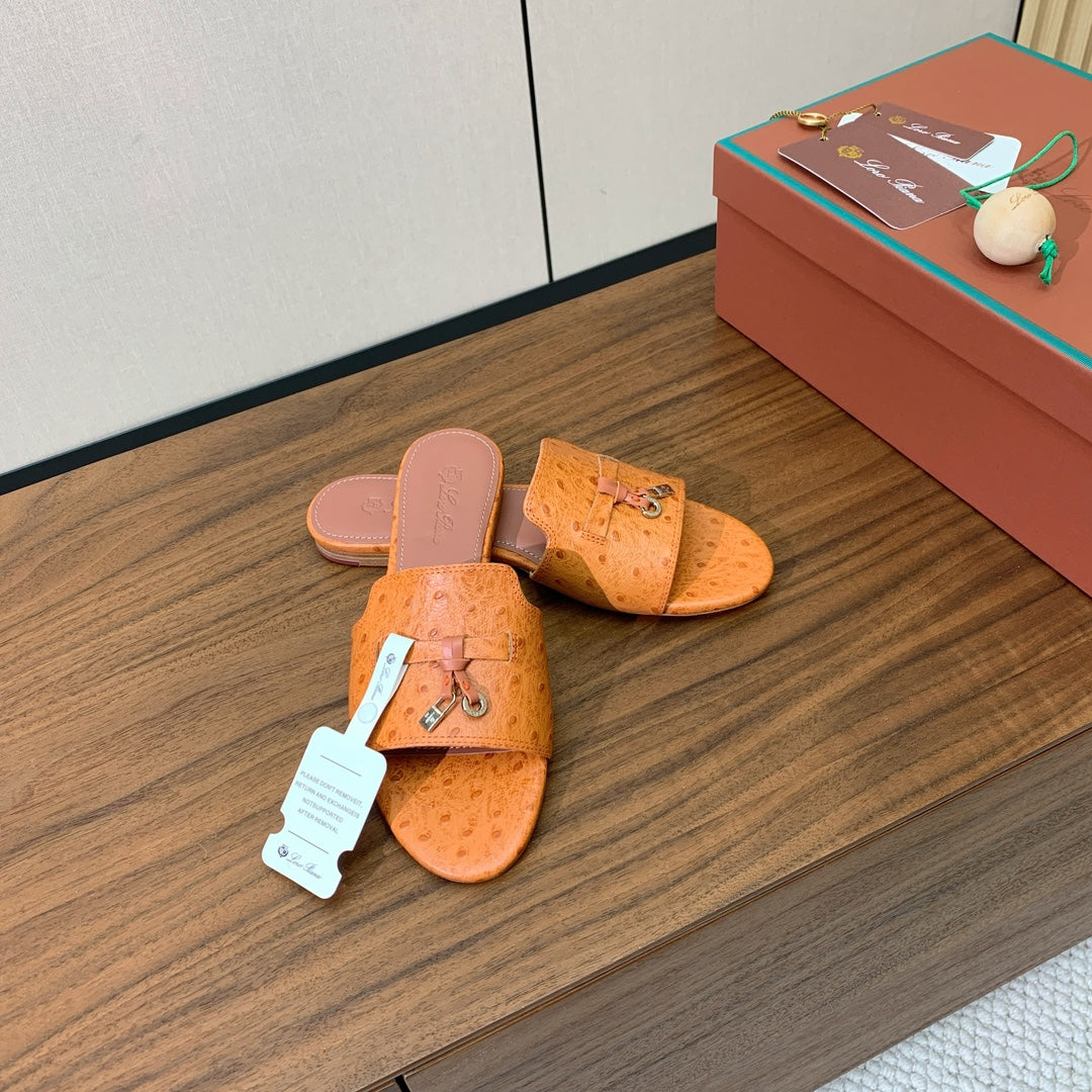 FLAT SLIPPERS IN ORANGE LAMBSKIN OSTRICH SKIN