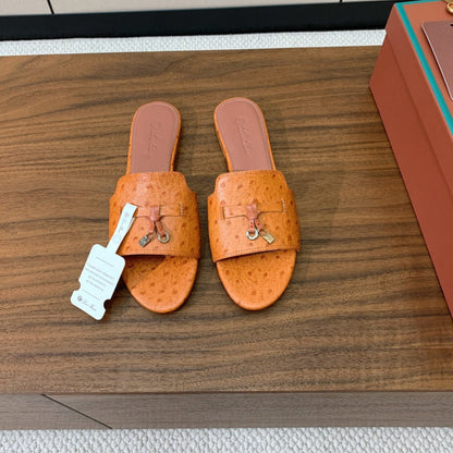 FLAT SLIPPERS IN ORANGE LAMBSKIN OSTRICH SKIN