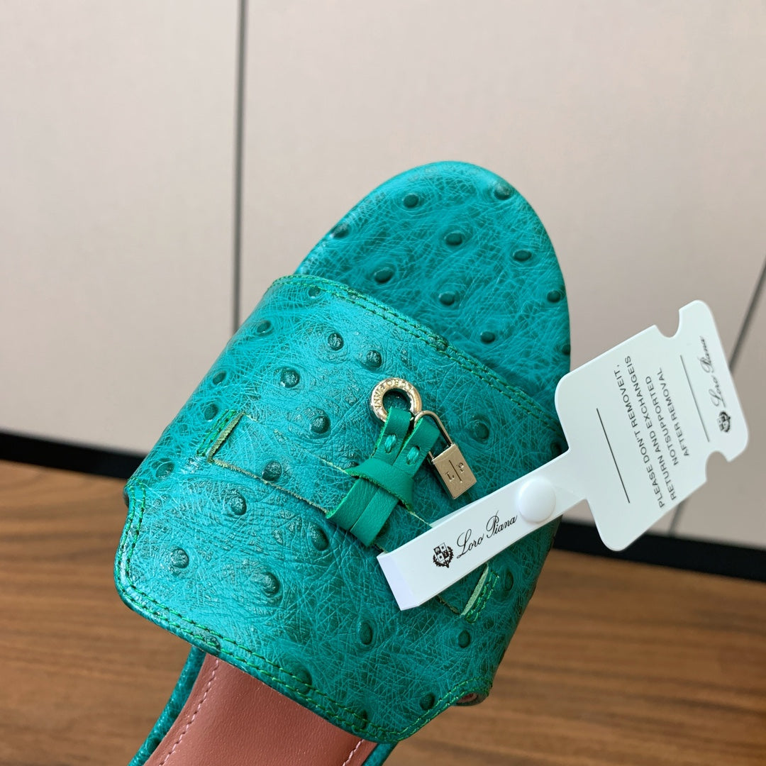 FLAT SLIPPERS IN TEAL GREEN LAMBSKIN OSTRICH SKIN
