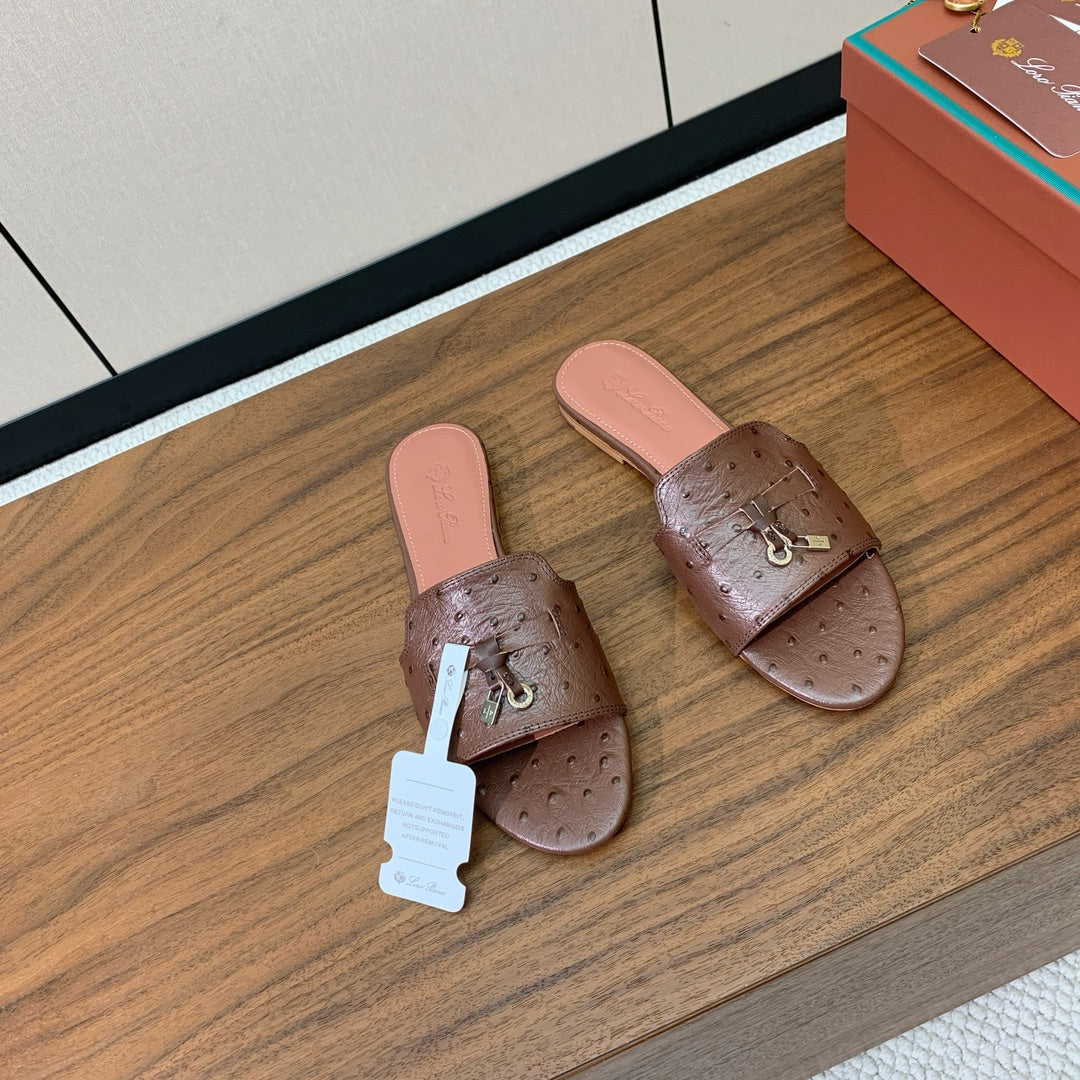 FLAT SLIPPERS IN BROWN LAMBSKIN OSTRICH SKIN