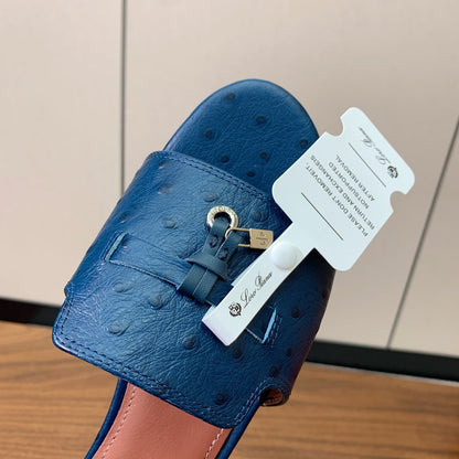 FLAT SLIPPERS IN NAVY BLUE LAMBSKIN OSTRICH SKIN