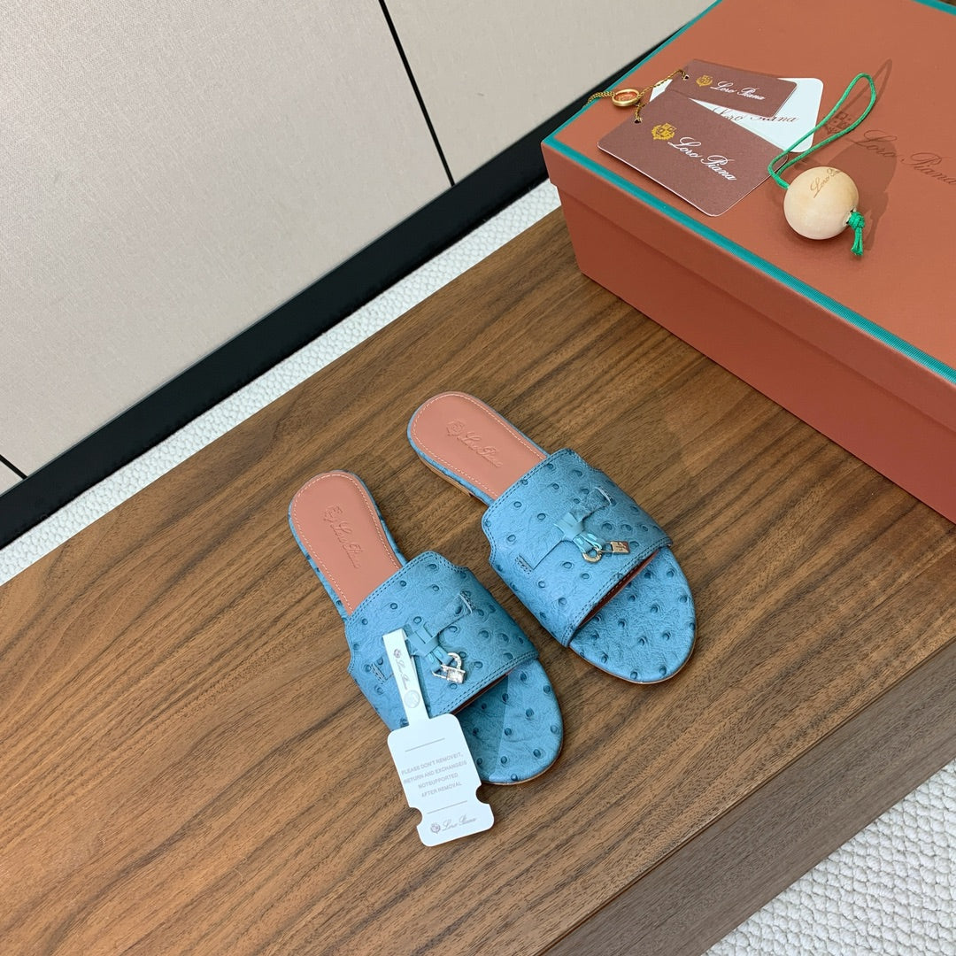 FLAT SLIPPERS IN LIGHT BLUE LAMBSKIN OSTRICH SKIN